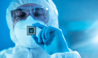 The scientist works in a modern scientific laboratory for the research and development of...