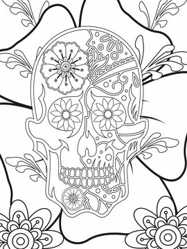Sugar Skull flowers frame for Halloween or Day of the dead with flower elements. Hand drawn. Doodles art for greeting cards, invitation or poster. Coloring book for adult and kids.