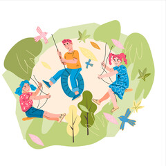 Decorative banner with children swinging on swing in playground, flat vector illustration isolated on white background. Kids summer fun and outdoor amusement park and playground activity topic.