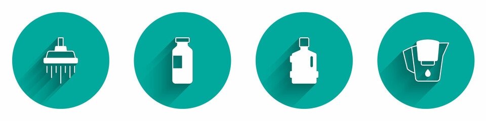 Set Shower, Bottle of water, Big bottle with clean and Water jug filter icon with long shadow. Vector