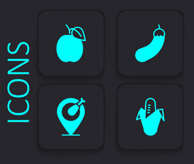 Set Corn, Plum fruit, Eggplant and Chicken leg icon. Black square button. Vector