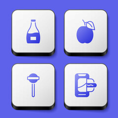Set Sauce bottle, Plum fruit, Lollipop and Food ordering on mobile icon. White square button. Vector