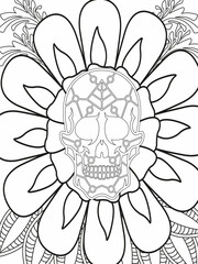 Fototapeta premium Sugar Skull flowers frame for Halloween or Day of the dead with flower elements. Hand drawn. Doodles art for greeting cards, invitation or poster. Coloring book for adult and kids.