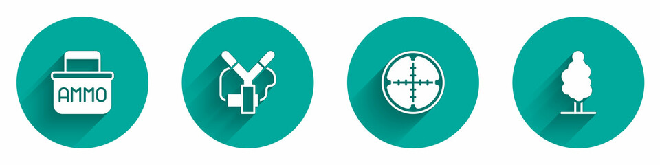 Set Ammunition box, Slingshot, Sniper optical sight and Tree icon with long shadow. Vector
