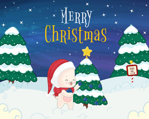 Fototapeta na wymiar white polar bear decoring Christmas tree, christmas card