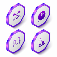 Set Isometric Ice hockey sticks and puck, Bowling ball, Jump rope and Skates icon. Purple hexagon button. Vector