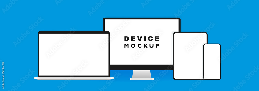 Poster electronic devices mockup set. realistic computer, laptop, tablet and smartphone. template for infog