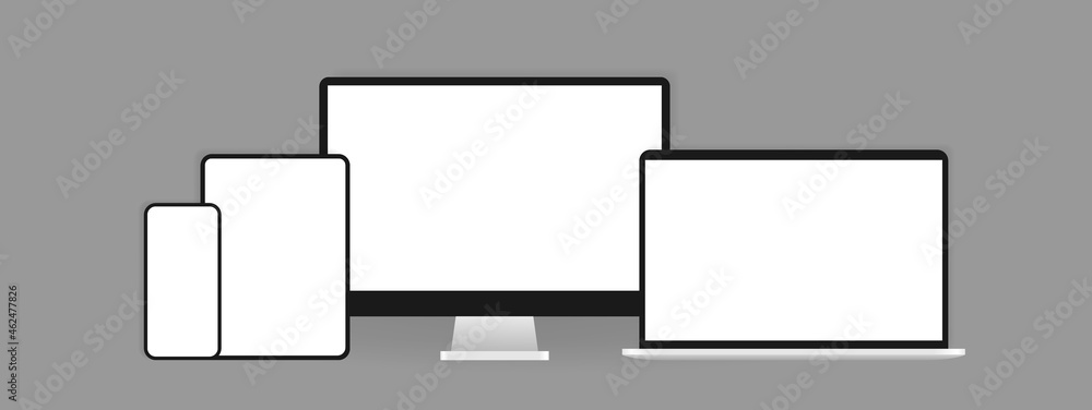 Poster electronic devices mockup set. realistic computer, laptop, tablet and smartphone. template for infog