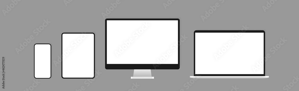 Poster electronic devices mockup set. realistic computer, laptop, tablet and smartphone. template for infog