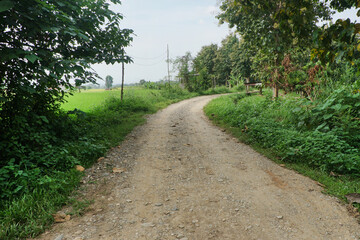 Fototapeta na wymiar Gravel road beside the road is full of green grass in countryside , Nan province, Thailand