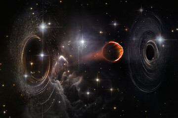Window between worlds in the universe. Meteorite flies in gravity waves. Elements of this image...