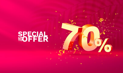 70 Off. Discount creative composition. 3d sale symbol with decorative objects, golden confetti, podium and gift box. Sale banner and poster. Vector