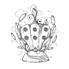 Sketch of a fantastic pumpkin house. Cartoon pumpkin gnome house. Vector