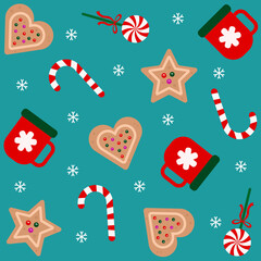 mug, cookies, lollipops on the winter New Year's pattern 