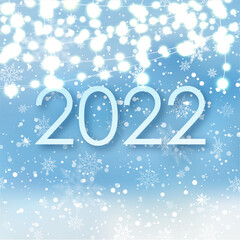 Happy New 2022 Year with falling snowflakes on blue sky. Vector