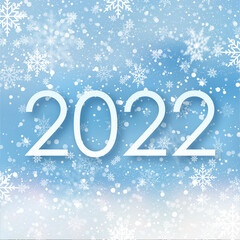 Happy New 2022 Year with falling snowflakes on blue sky. Vector