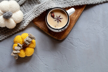 Cup of hot cocoa with spicy, top view