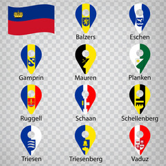 Eleven flags the Municipalities of Liechtenstein -  alphabetical order with name.  Set of 2d geolocation signs like flags Municipalities of Liechtenstein. Eleven  2d geolocation signs.