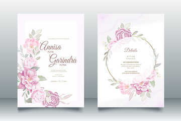 romantic wedding invitation card with beautiful purple floral and leaves template Premium Vector