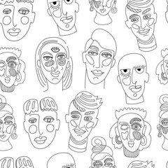 Modern abstract faces. Contemporary female man woman portrait. Hand drawn outline trendy illustration. Continuous line, minimalistic concept. Seamless pattern.