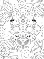 Coloring for adult for Day of the Dead. Mexican festival. Black and white coloring pages with skull and flowers
