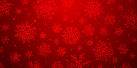 Fototapeta na wymiar Christmas background of big and small complex snowflakes in red colors
