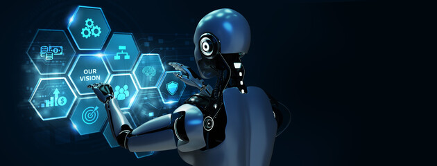Business, Technology, Internet and network concept. Robot pressing button Our vision on virtual screen. 3d render