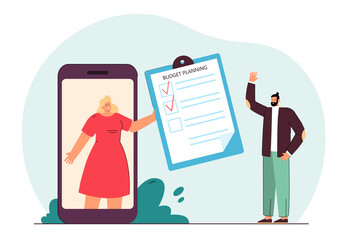 Businesswoman on phone screen showing budget plan to man. Business characters discussing financial planning flat vector illustration. Budget, finances concept for banner or landing web page