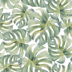  Monstera blad. Tropisch exotisch groen naadloos patroon. Aquarel handgemaakte kleurrijke print. Op witte achtergrond. Voor textiel, inpakpapier, achtergronden. © NastiyaMaki