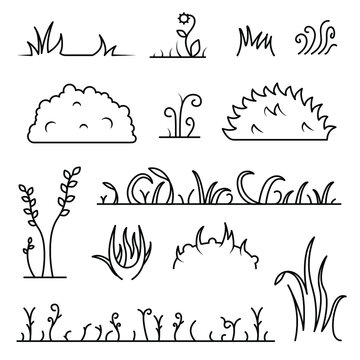 Set Black Collection Simple Line Grass Plants Bush Doodle Outline Nature Element Vector Design Style Sketch Isolated Illustration