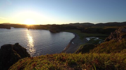 Amazing sunset in Nameless Bay on Shikotan Island, Kuril Islands.
