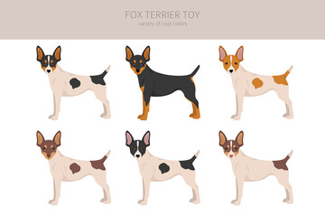 Fox terrier toy clipart. Different poses, coat colors set