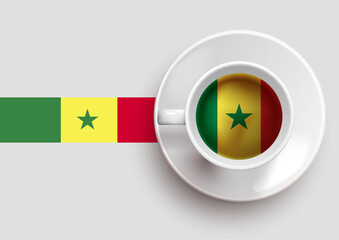 Senegal flag with a tasty coffee cup on top view and a gradient background. Hot beverage with Latvia flag, vector illustration.