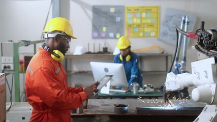 specialist technical engineer hand input programing code data computing to manage movement work flow of robotarm welding machinery in workshop modern factory smart industrial manufacture concept - Powered by Adobe