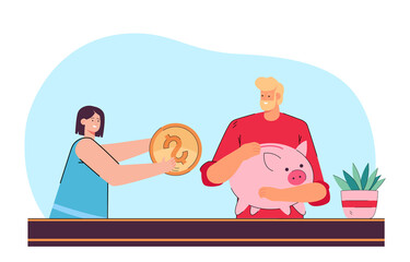 Young couple saving up money flat vector illustration. Man holding piggy bank, woman putting coin in it. Family and budget concept for banner, website design or landing web page