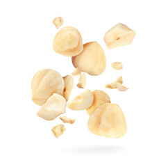Pieces of tasty hazelnuts falling on white background