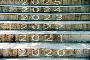 Number of 2020, 2021 to 2025 on empty staircase