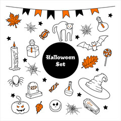 Vector collection of Halloween linear bicolor doodle. A set of hand-drawn cat, a coffin, grave, candles, potions, witch hat, leaves, spiders, bat, web. Isolated icons on a white background.