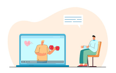 Man sitting on chair giving advice online. Coach training man who exercising with dumbbell flat vector illustration. Online workout, lifestyle concept for banner, website design or landing web page