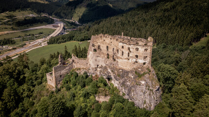 Aerial view of Likava castle in Likavka village in Slovakia