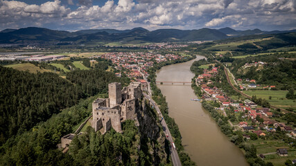 Fototapeta na wymiar Aerial view of the castle in the village of Strecno in Slovakia