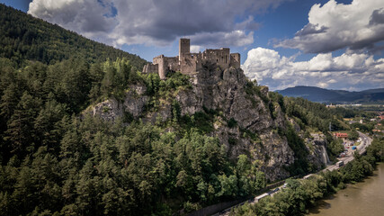 Aerial view of the castle in the village of Strecno in Slovakia
