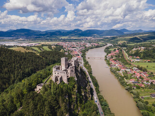Aerial view of the castle in the village of Strecno in Slovakia