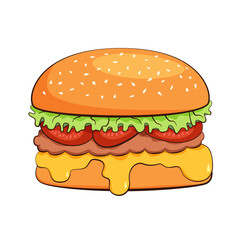 Vector flat illustration of a hamburger with tomatoes, salad, melted cheese, and sesame seeds in cartoon style. Illustration for a fast-food restaurant. Hamburger isolated icon.