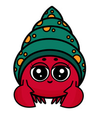 Cartoon hermit crab. Cute soldier-crab. Underwater ocean life, marine animal. Funny soldier-crab isolated. Marine theme, ocean life. Hermit crab icon n white background.