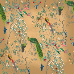 Chinoiserie Vintage floral illustration for wallpaper, fabric, poster, print. Mural. Bloom. Seamless background with exotic birds and flowers