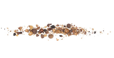 Allspice, pimento spice, Jamaican pepper and shavings isolated on white background, top view