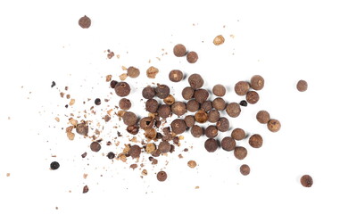 Allspice, pimento spice, Jamaican pepper and shavings isolated on white background and texture, top view