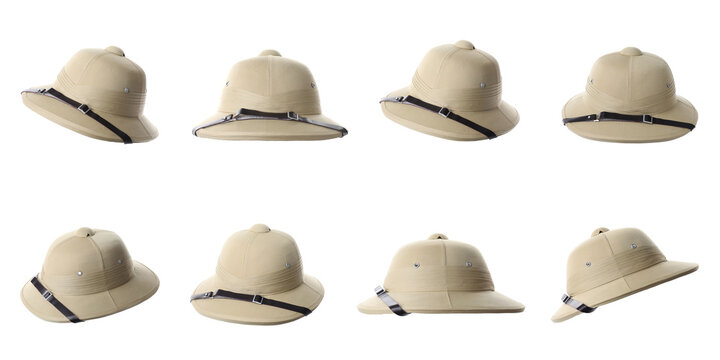 Fototapeta Set with stylish safari hats on white background, banner design. Trendy headdress