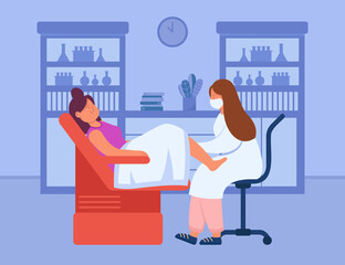 Gynecologist doctor examining womans vagina while she lying in gynecological chair. Cervix checkup screening appointment flat vector illustration..Gynecology, obstetrics, health concept